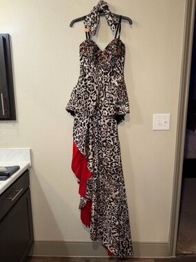 Leopard Print High-Low Halter Dress with Red Ruffle